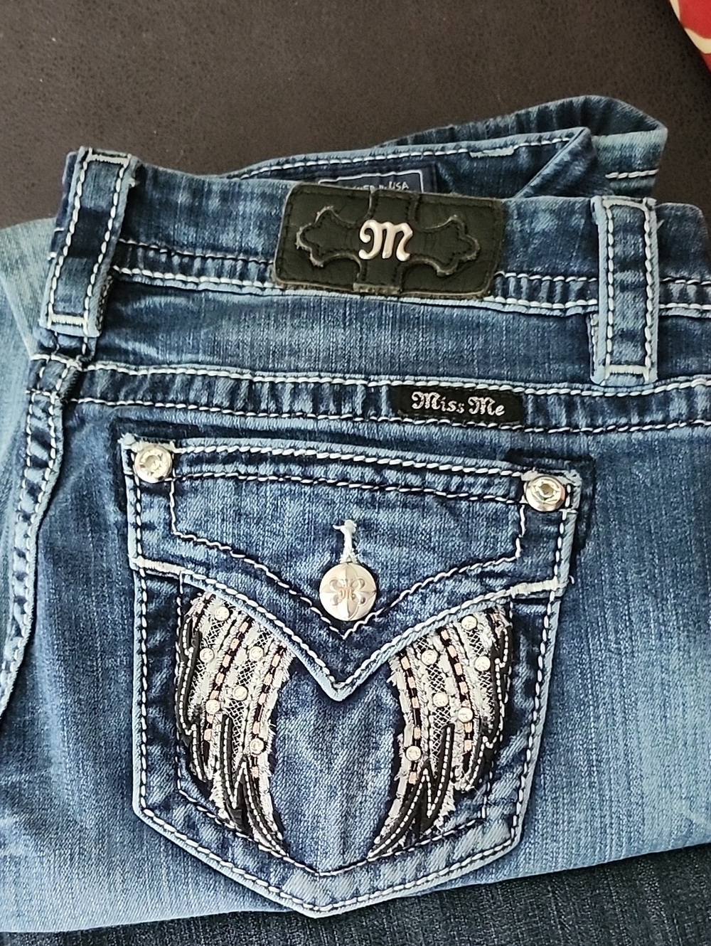 Miss Me Blue Denim Straight Leg Jeans with Embellished Wing Pocket